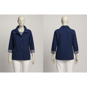 Karen Scott Sport Navy Jacket  Women’s Large Stripe Cuffs Snap-Front Casual Coat